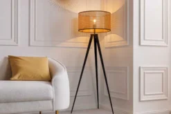 Boho Stehlampe VIENNA 142cm natur schwarz Wiener Geflecht Metall Dreifuß Stehleuchte