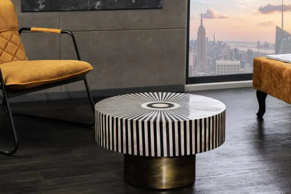 Bone Inlay Couchtisch HARMONY NATURE 60cm rund schwarz weiß gold Intarsien Kunsthandwerk