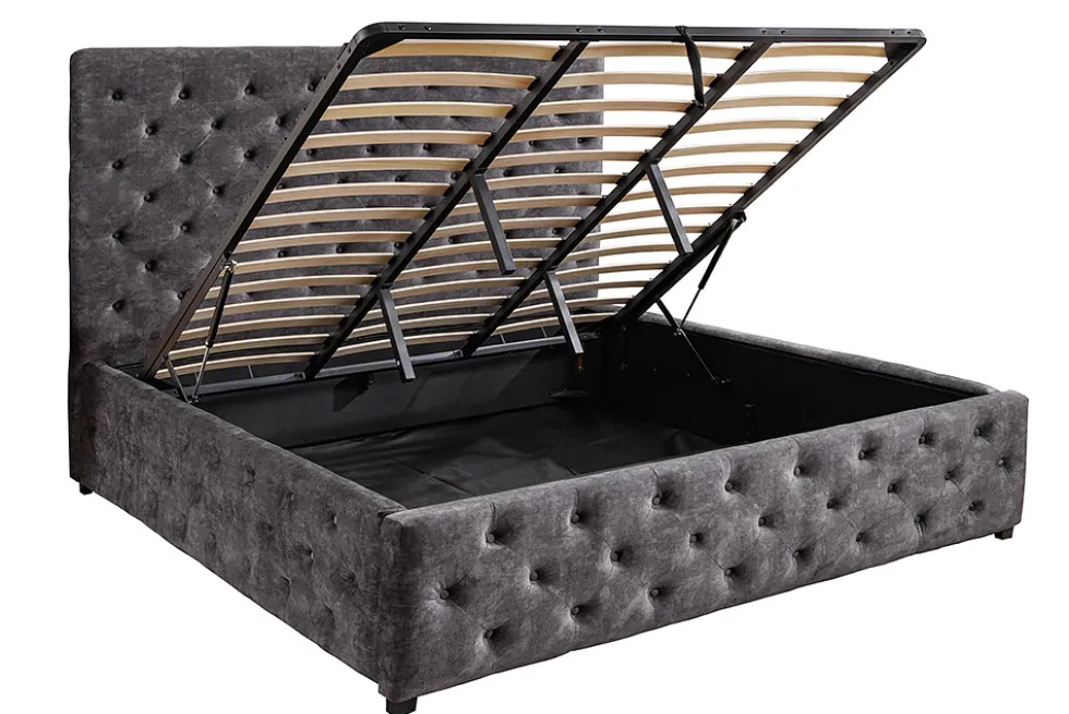 Boxbett PARIS 180x200cm grau Samt mit Stauraum und Lattenrost