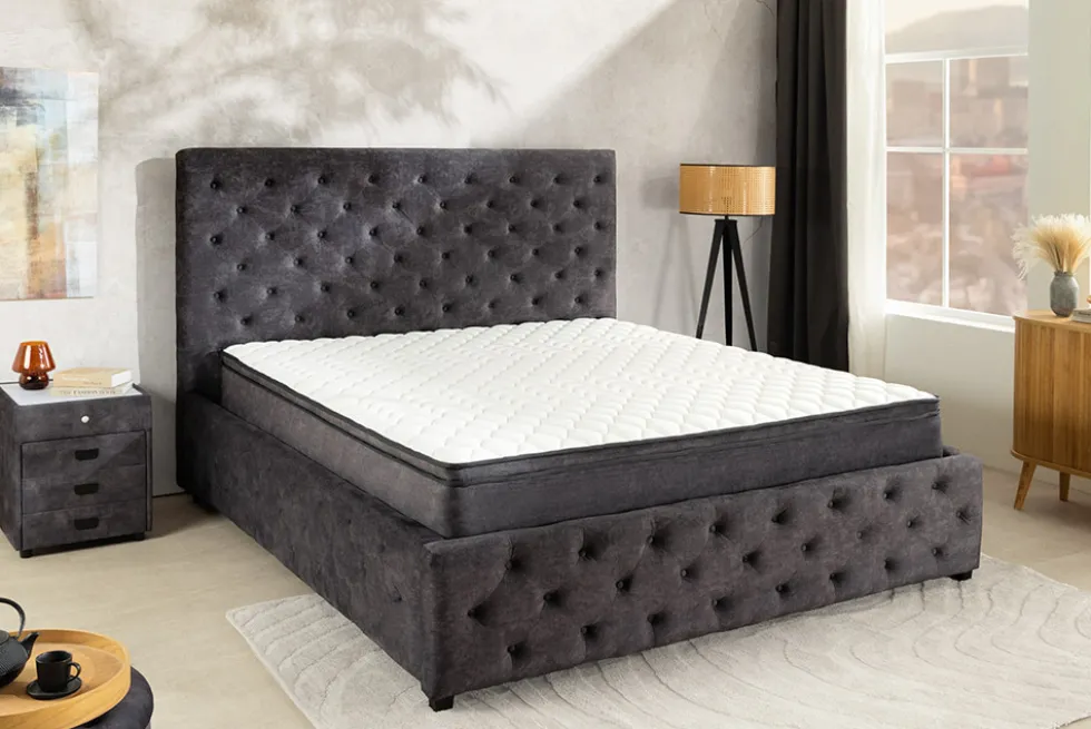 Boxbett PARIS 180x200cm grau Samt mit Stauraum inkl. Matratze und Topper
