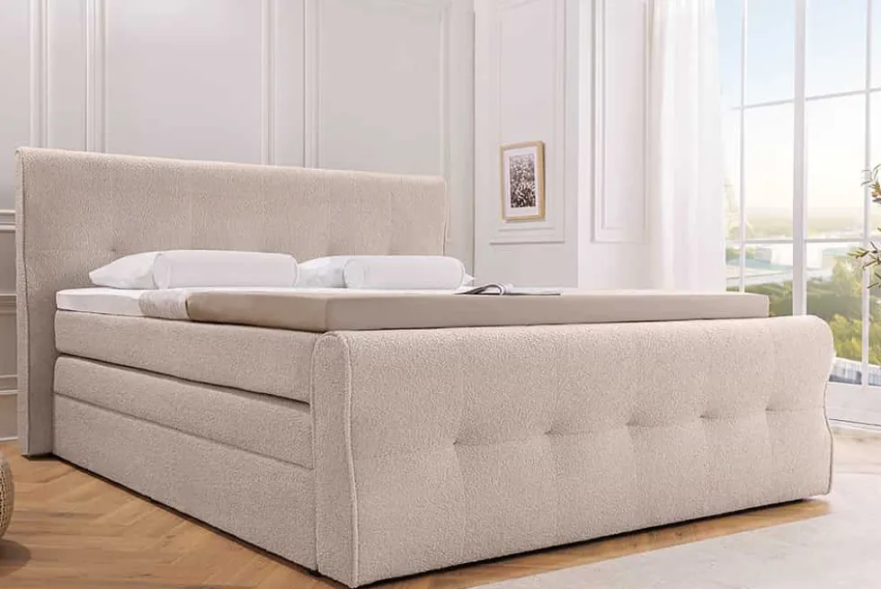 Boxspringbett SIGNUM 180x200cm beige Bouclé inkl. Stauraum Matratze Topper Matratze
