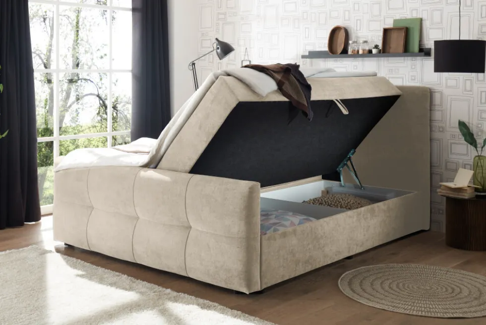 Boxspringbett TOULOUSE 180x200cm beige Microfaser inkl. Matratze Topper Stauraum
