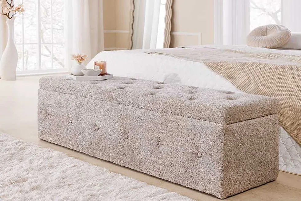Chesterfield Bettbank EXTRAVAGANCIA 140cm champagner greige Bouclè mit Stauraum