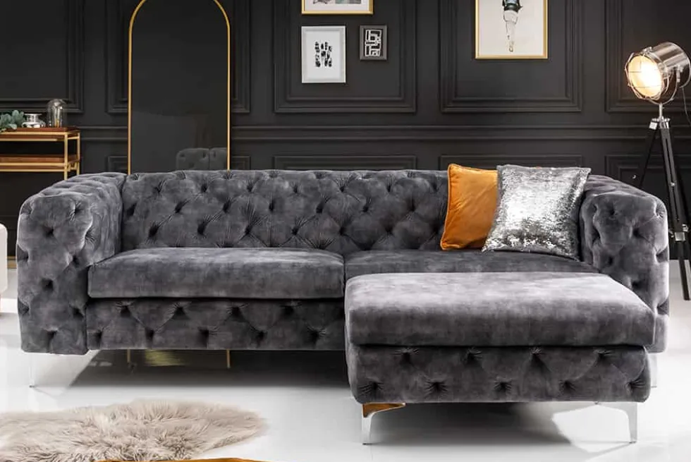 Chesterfield Hocker MODERN BAROCK 90cm dunkelgrau Samt Sitzhocker Fußhocker