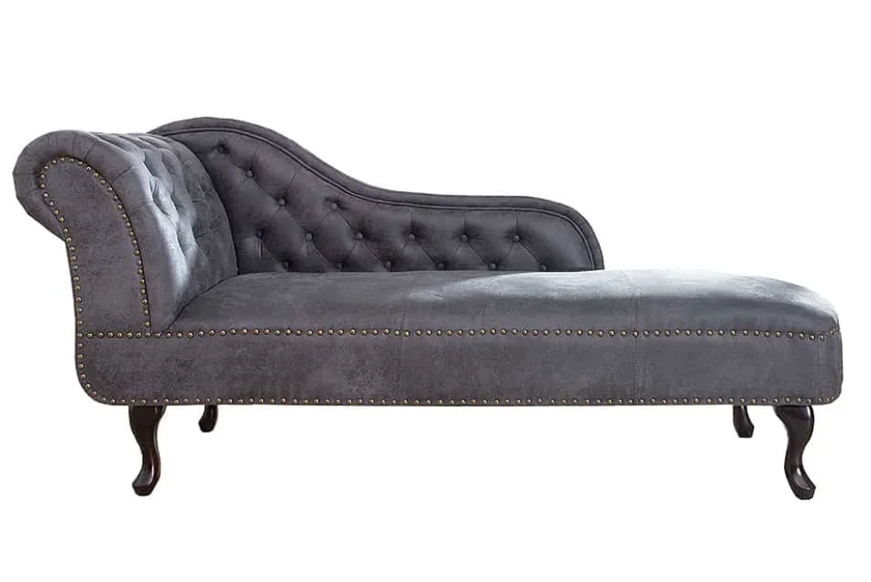 Chesterfield Récamière 170cm antik grau mit Knopfheftung und Nietenbesatz