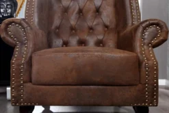 Chesterfield Sessel 85cm antik braun Microfaser mit Knopfheftung