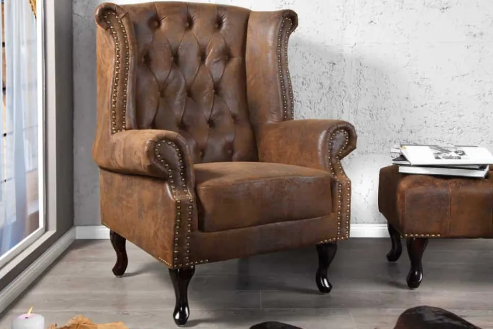 Chesterfield Sessel 85cm antik braun Microfaser mit Knopfheftung