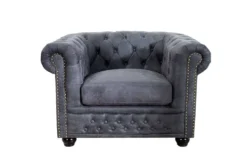 Chesterfield Sessel 105cm antik grau mit Knopfheftung und Federkern