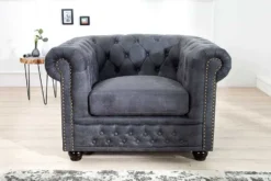 Chesterfield Sessel 105cm antik grau mit Knopfheftung und Federkern
