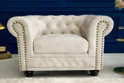 Chesterfield Sessel 110cm Samt champagner beige mit Knopfheftung und Federkern