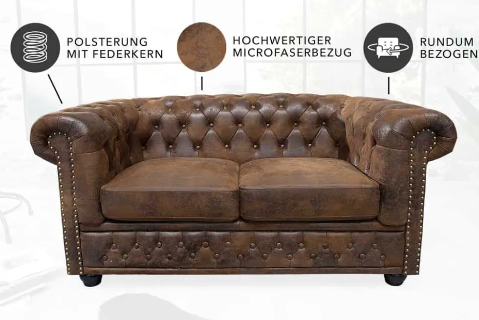 Chesterfield 2-Sitzer Sofa 150cm antik braun Microfaser Federkern Knopfheftung