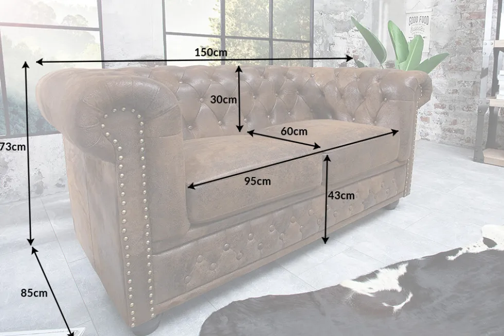 Chesterfield 2-Sitzer Sofa 150cm antik braun Microfaser Federkern Knopfheftung