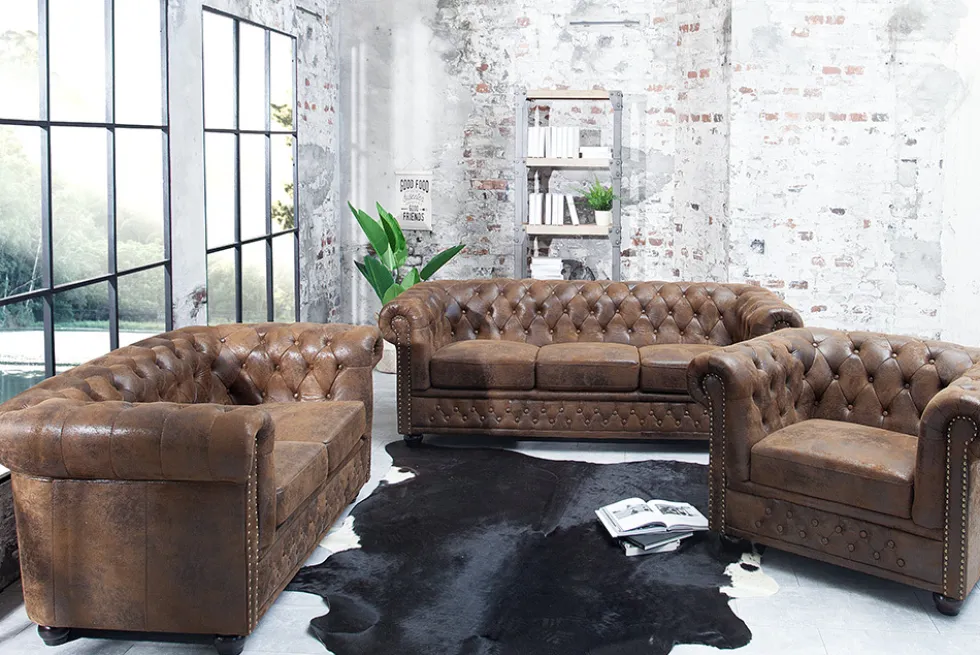 Chesterfield 2-Sitzer Sofa 150cm antik braun Microfaser Federkern Knopfheftung