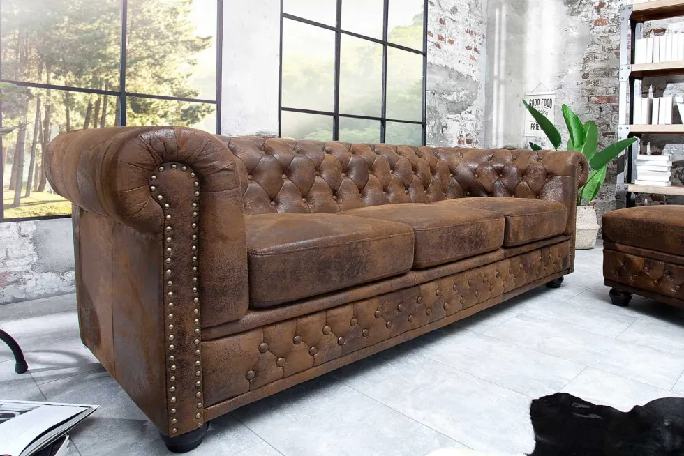 Chesterfield 3-Sitzer Sofa 205cm antik braun Microfaser Federkern Knopfheftung