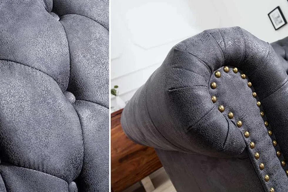 Chesterfield 2-Sitzer Sofa 150cm antik grau Microfaser Federkern Knopfheftung