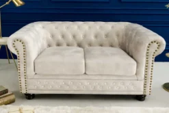 Chesterfield 2-Sitzer Sofa 150cm champagner beige Samt Federkern Knopfheftung