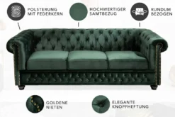 Chesterfield 3-Sitzer Sofa 205cm flaschengrün Samt Federkern Knopfheftung