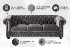 Chesterfield 3-Sitzer Sofa 205cm grau Samt Federkern Knopfheftung