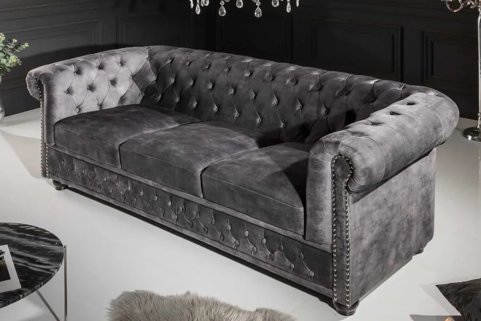 Chesterfield 3-Sitzer Sofa 205cm grau Samt Federkern Knopfheftung