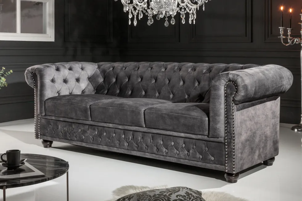 Chesterfield 3-Sitzer Sofa 205cm grau Samt Federkern Knopfheftung