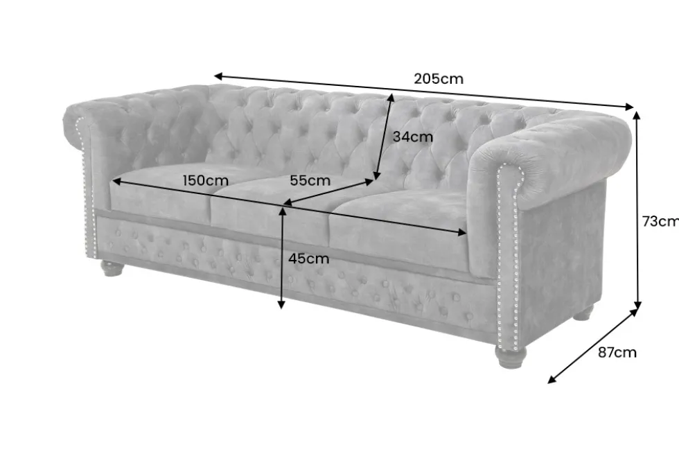 Chesterfield 3-Sitzer Sofa 205cm grau Samt Federkern Knopfheftung