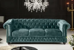Chesterfield 3-Sitzer Sofa 205cm petrol Samt Federkern Goldnieten Knopfheftung