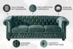 Chesterfield 3-Sitzer Sofa 205cm petrol Samt Federkern Goldnieten Knopfheftung
