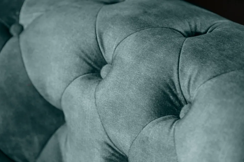 Chesterfield 3-Sitzer Sofa 205cm petrol Samt Federkern Goldnieten Knopfheftung