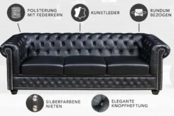 Chesterfield 3-Sitzer Sofa 205cm schwarz Nietenbesatz Federkern