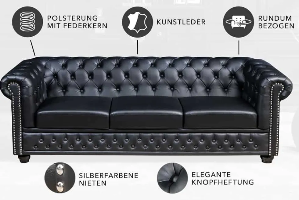 Chesterfield 3-Sitzer Sofa 205cm schwarz Nietenbesatz Federkern