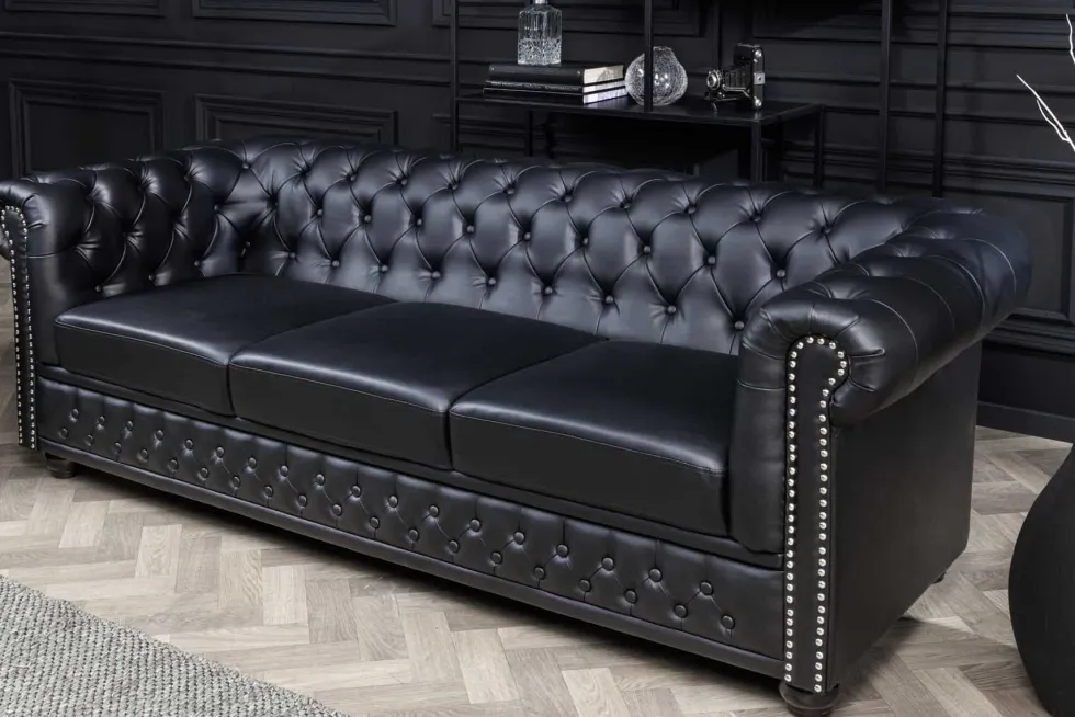 Chesterfield 3-Sitzer Sofa 205cm schwarz Nietenbesatz Federkern