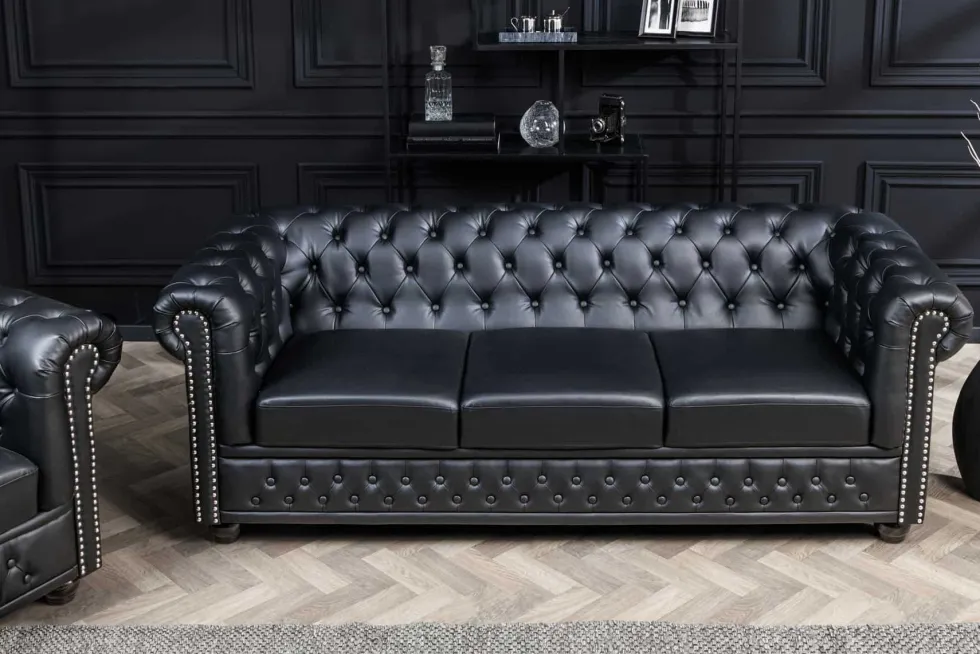 Chesterfield 3-Sitzer Sofa 205cm schwarz Nietenbesatz Federkern