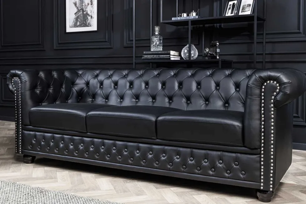 Chesterfield 3-Sitzer Sofa 205cm schwarz Nietenbesatz Federkern
