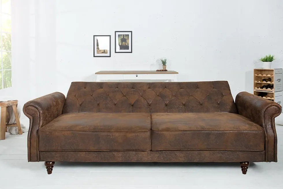 Chesterfield 3-Sitzer Sofa MAISON BELLE AFFAIRE 220cm antik braun Microfaser mit Schlaffunktion