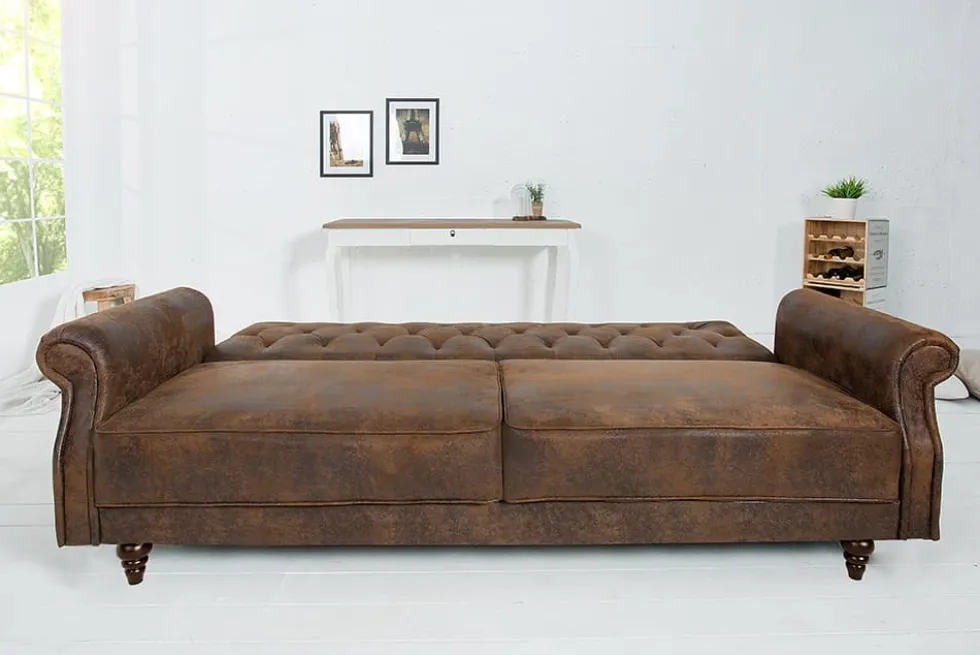 Chesterfield 3-Sitzer Sofa MAISON BELLE AFFAIRE 220cm antik braun Microfaser mit Schlaffunktion