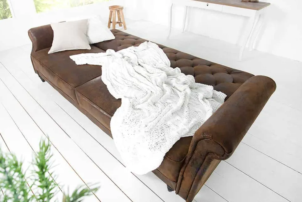 Chesterfield 3-Sitzer Sofa MAISON BELLE AFFAIRE 220cm antik braun Microfaser mit Schlaffunktion