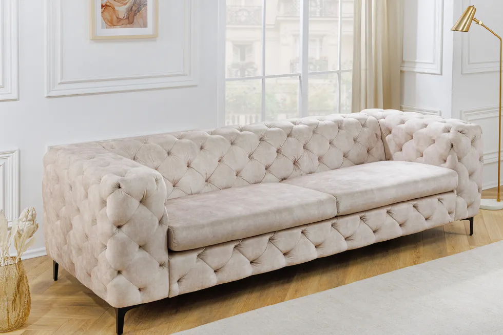 Chesterfield 3-Sitzer Sofa MODERN BAROCK 235cm champagner beige Samt Federkern