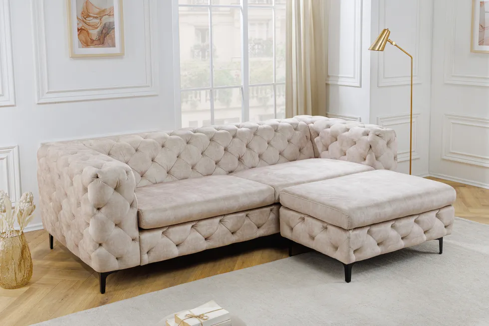 Chesterfield 3-Sitzer Sofa MODERN BAROCK 235cm champagner beige Samt Federkern