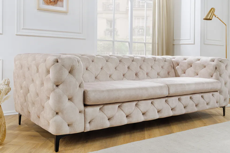 Chesterfield 3-Sitzer Sofa MODERN BAROCK 235cm champagner beige Samt Federkern