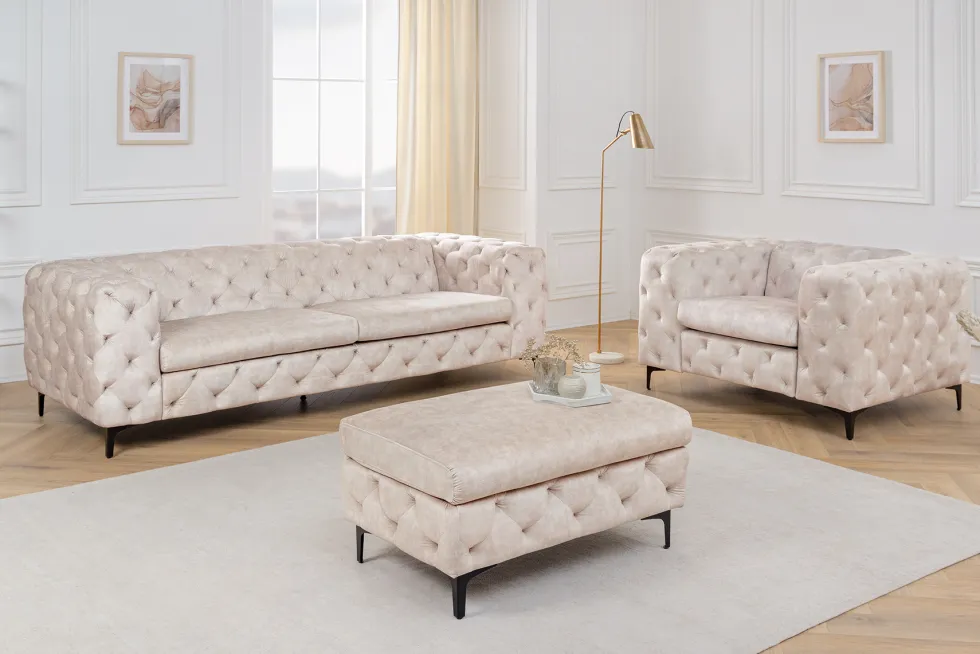 Chesterfield 3-Sitzer Sofa MODERN BAROCK 235cm champagner beige Samt Federkern
