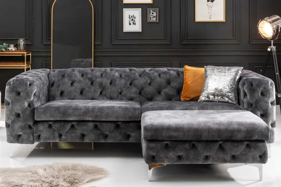 Chesterfield 3-Sitzer Sofa MODERN BAROCK 235cm dunkelgrau Samt Federkern Metallfüße
