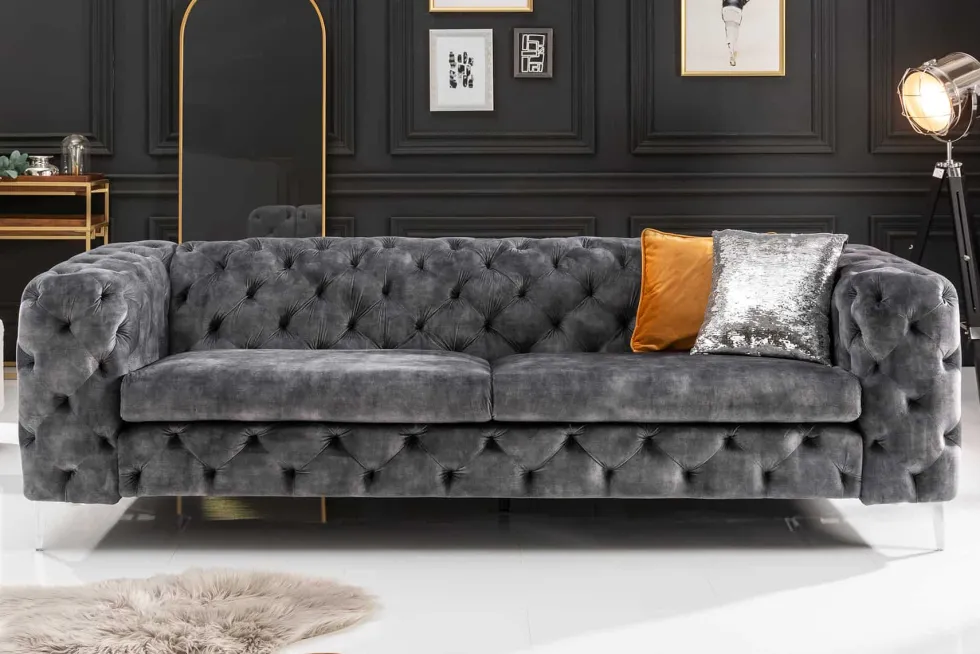 Chesterfield 3-Sitzer Sofa MODERN BAROCK 235cm dunkelgrau Samt Federkern Metallfüße