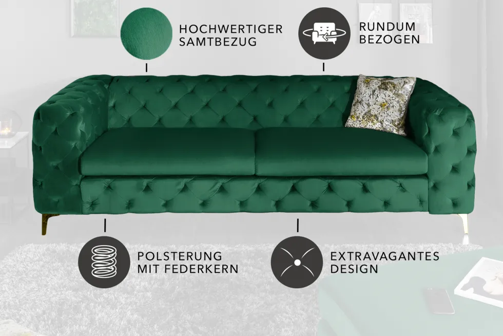 Chesterfield 3-Sitzer Sofa MODERN BAROCK 235cm smaragdgrün Samt Federkern gold Metallfüße