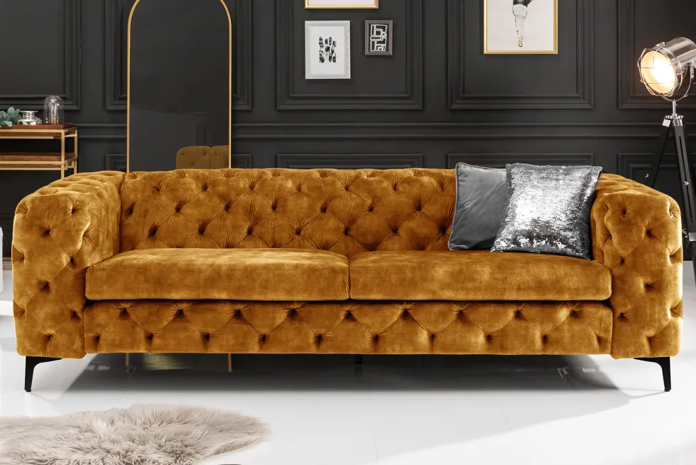 Chesterfield Sofa MODERN BAROCK 235cm senfgelb Samt 3-Sitzer Couch Federkern