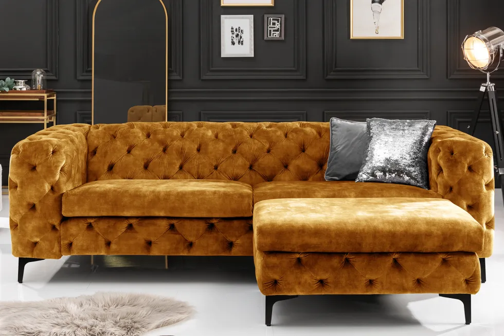 Chesterfield Sofa MODERN BAROCK 235cm senfgelb Samt 3-Sitzer Couch Federkern