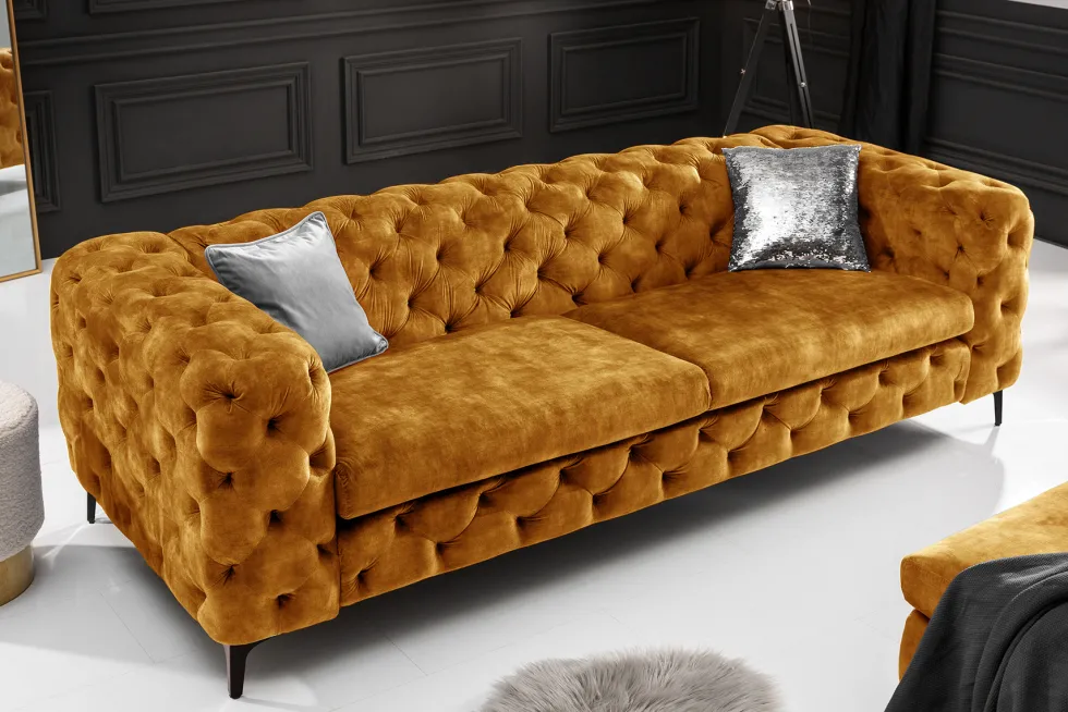 Chesterfield Sofa MODERN BAROCK 235cm senfgelb Samt 3-Sitzer Couch Federkern