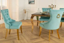 Chesterfield Stuhl CASTLE blau Samt goldene Edelstahlbeine mit Komfortgriff