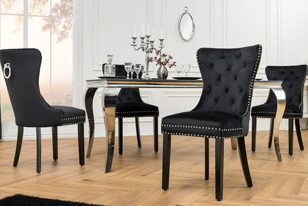 Chesterfield Stuhl CASTLE schwarz Samt Massivholz Ziernieten mit Komfortgriff