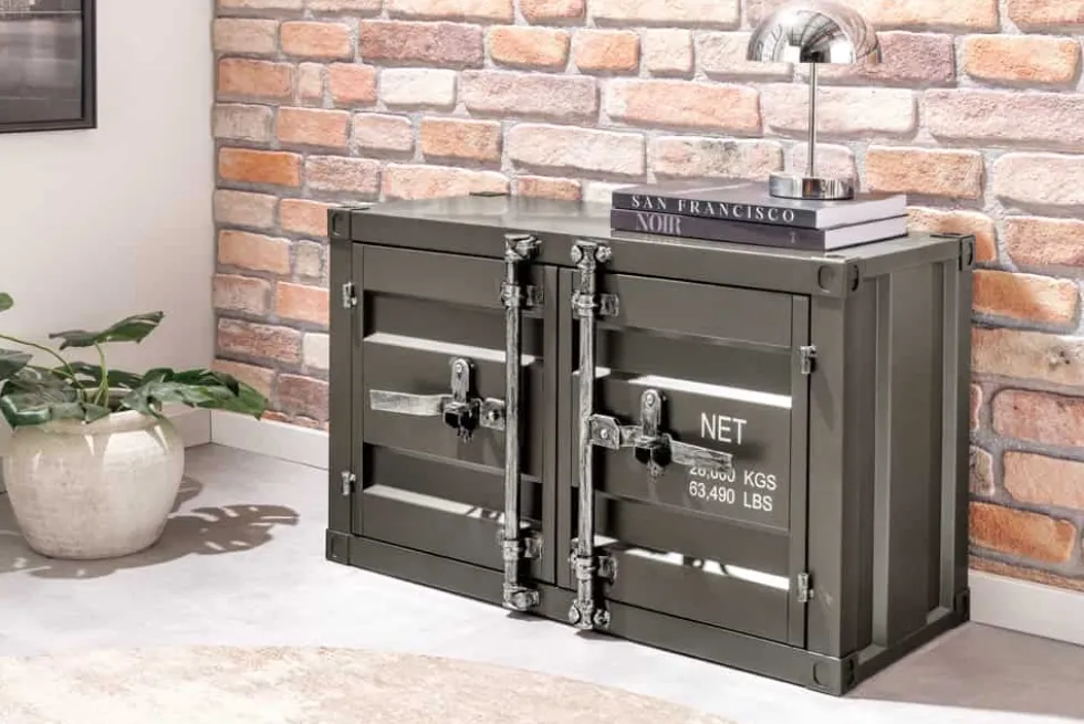 Container-Schrank GLOBETROTTER 80cm anthrazit Metall Couchtisch mit Flügeltüren Kommode