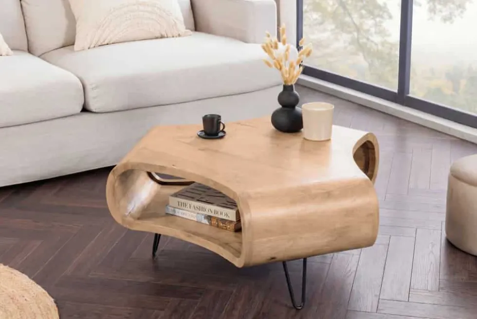 Couchtisch ORGANIC LIVING 90cm natur cream finish Mangoholz mit Hairpin Legs